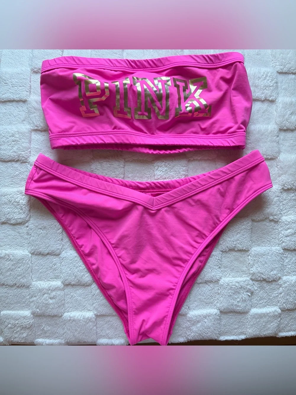 PINK Victoria's Secret Neon Pink Bandeau Bikini with Gold Logo